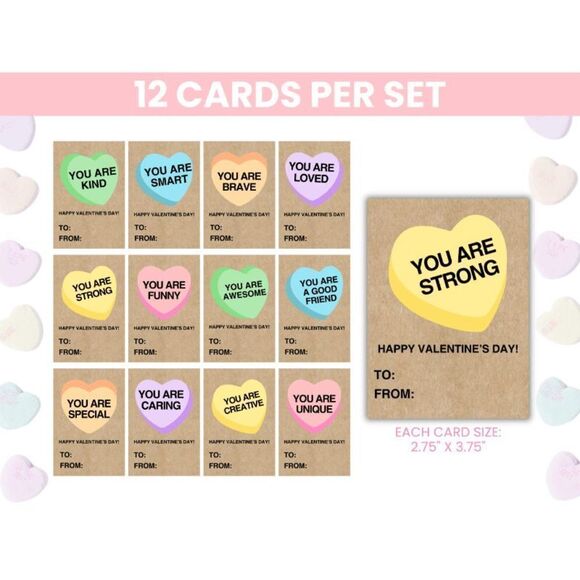 Set of 12 Positive Affirmation Valentines Day Cards, Valentine's Day Classroom C - Picture 3 of 4